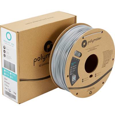 Graue 3D-Drucker-Filamentrolle 'PolyLite ASA' neben einer braunen Verpackung mit blauem Etikett der Marke Polymaker.