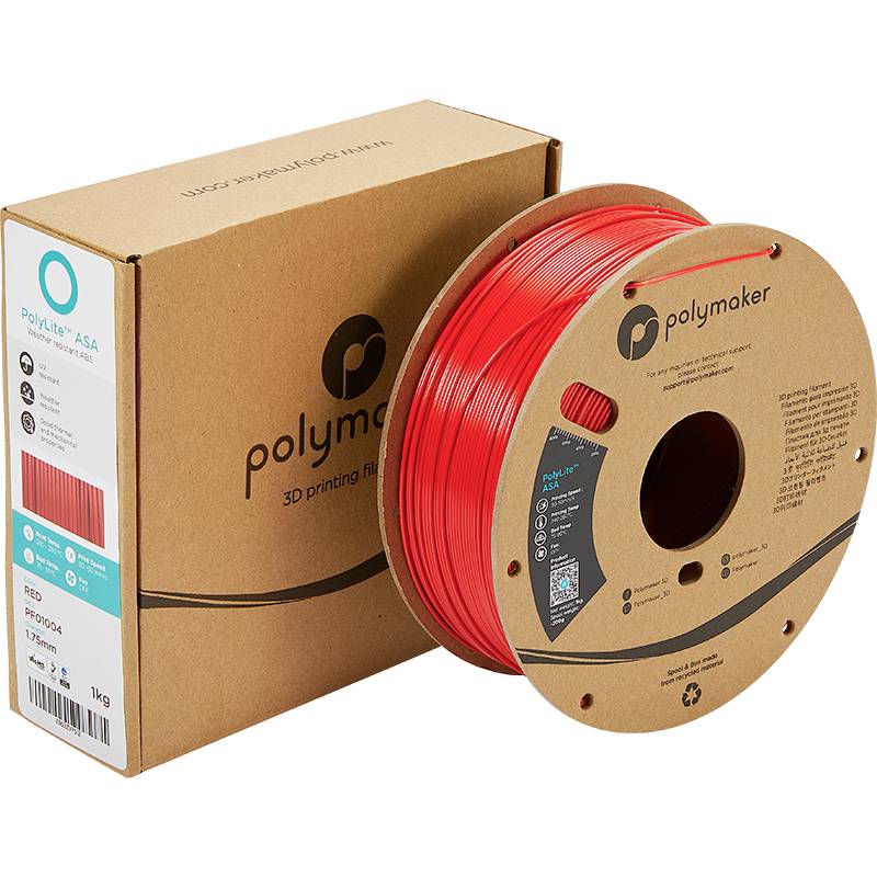 Rote 3D-Drucker-Filamentspule 'Polymaker' neben der Verpackung. Text auf der Verpackung: 'PolyLite ASA, 1 kg'.