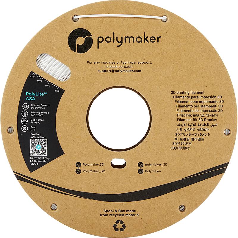 3D-Drucker-Filament-Spule von Polymaker, Marke PolyLite ASA. Es enthält 1 kg Filament, Durchmesser 1,75 mm. Umweltfreundliche Verpackung.