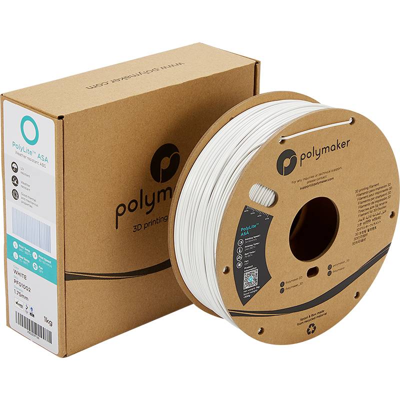 Spule aus weißem 3D-Drucker-Filament von Polymaker, neben einer braunen Verpackung mit 1 kg Aufschrift und Produktinformationen.