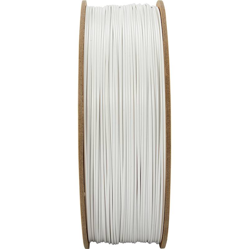 Eine Rolle mit weißem 3D-Druckerfilament, auf Holzspule gewickelt, von der Seite betrachtet.