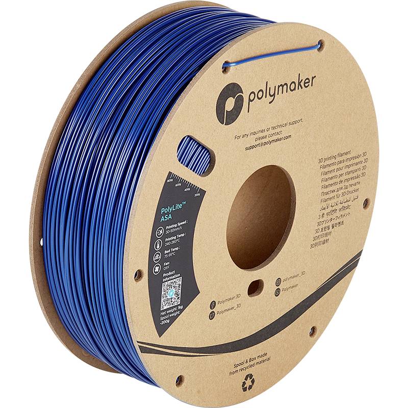Eine Spule mit blauem 3D-Druck-Filament von Polymaker. Die Verpackung zeigt das Logo und technische Informationen zum Filament.