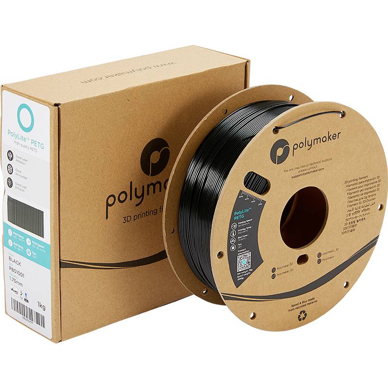 Eine Spule mit schwarzem 3D-Drucker-Filament aus PETG in einer braunen Pappverpackung. Marke: Polymaker. Gewicht: 1 kg.