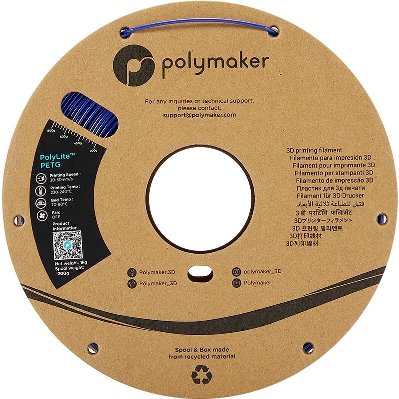 Spule mit 3D-Druckerfilament, Marke Polymaker. Aufdrucke: 'PolyLite PETG', Gewicht 1000g, Eignung für verschiedene Druckanwendungen.