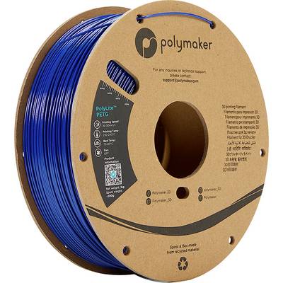 Eine Rolle blaues 3D-Drucker-Filament von Polymaker, PolyLite PETG, auf einer Kartonspule. Text auf der Spule gibt Spezifikationen an.