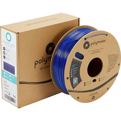 Filamentspule mit blauem PETG-Filament neben einer braunen Kartonschachtel. Marke: Polymaker, für 3D-Drucker geeignet.