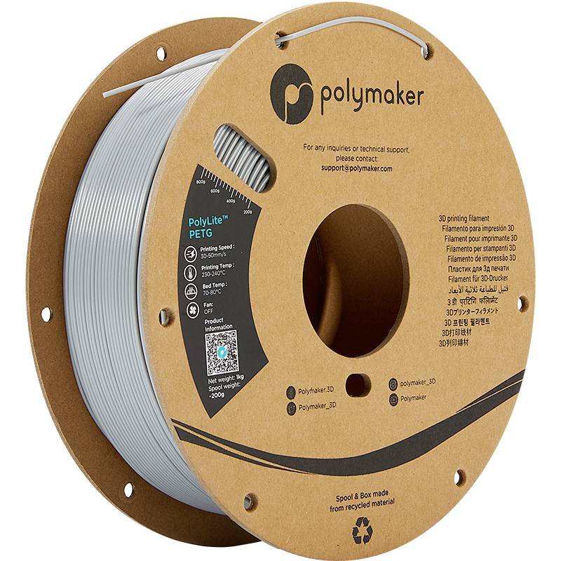 POLYMAKER PB01003 PolyLite Filament PETG hitzebeständig, hohe Zugfestigkeit 1.75 mm 1000 g Grau