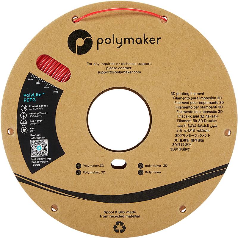 Eine Rolle 3D-Druck-Filament aus PETG von Polymaker, rot, mit technischen Details und Kontaktinformationen auf der Verpackung.