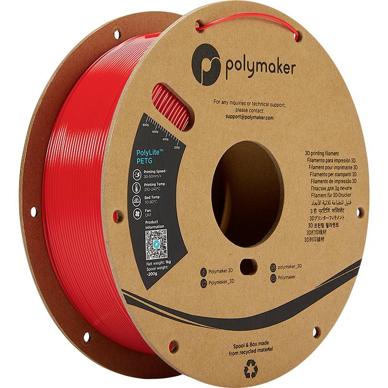 Rolle roten 3D-Druckmaterials aus PETG von Polymaker. Verpackung aus umweltfreundlichem Karton mit Recycling-Symbol.