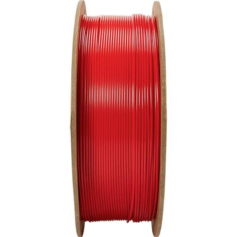 Rolle mit rotem Filament für 3D-Drucker, auf Holzspule aufgewickelt.