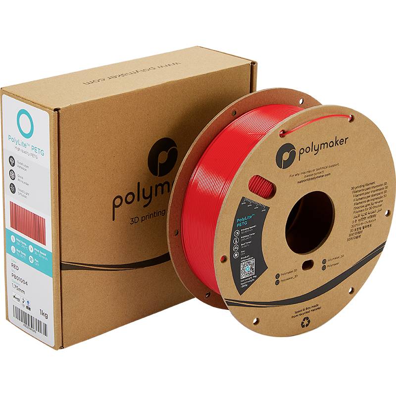 Eine Spule rotes 3D-Druckfilament aus PETG von Polymaker, neben der dazugehörigen braunen Verpackung mit Markenlogo.