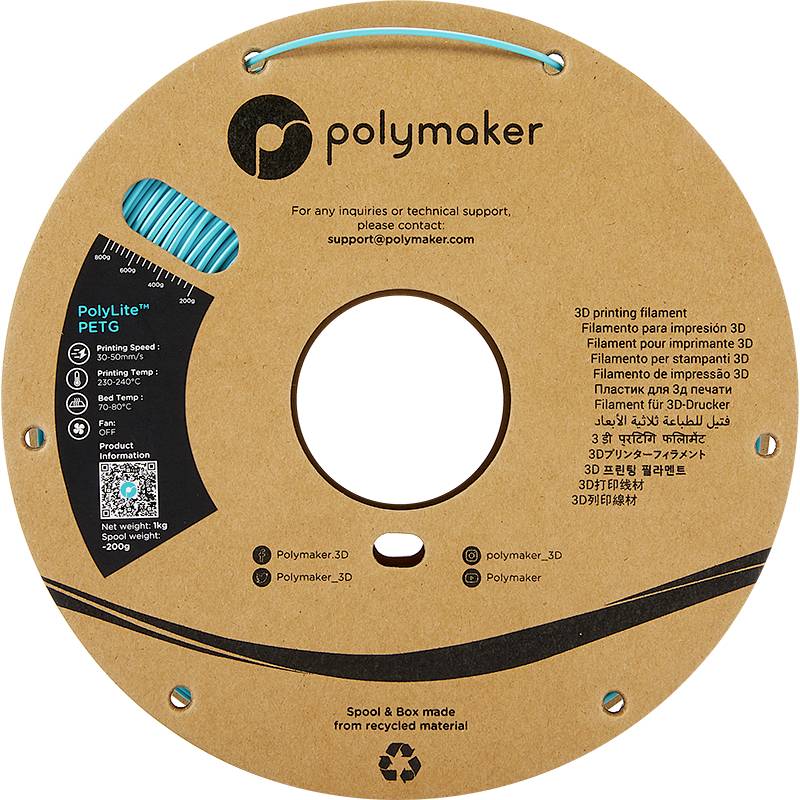 'Polymaker' 3D-Drucker-Filament-Spule aus recyceltem Material. Enthält Gebrauchsanweisung, Kontaktinfo bei technischen Anfragen.