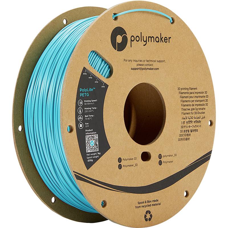 Eine Rolle türkisfarbenes 3D-Druck-Filament von Polymaker. Etikett mit technischen Spezifikationen und QR-Code ist sichtbar.