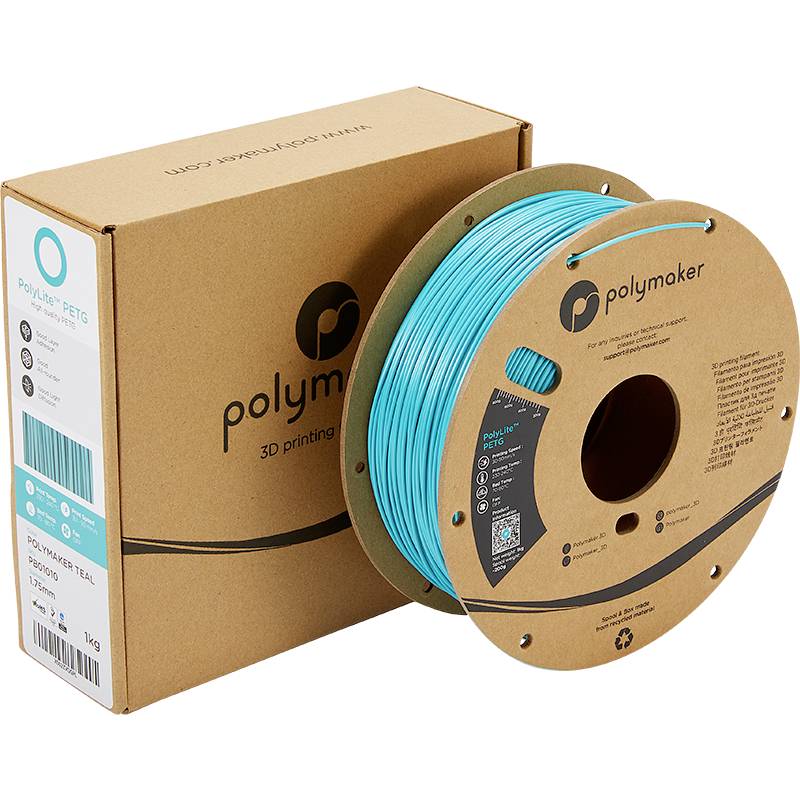 Eine Spule mit türkisfarbenem 3D-Drucker-Filament der Marke Polymaker neben der braunen Verpackung mit Produktdetails.