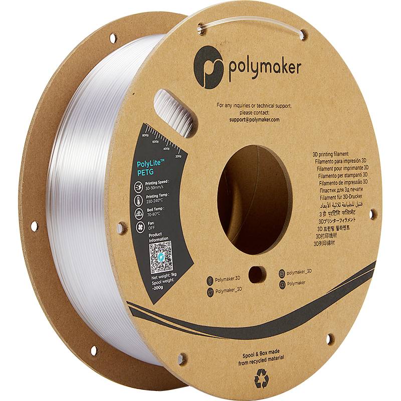 PolyLite PETG 3D-Druckfilament Spule in Kartonverpackung mit technischen Details und Kontaktinformationen aufgedruckt.