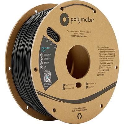 Schwarze 3D-Drucker-Filamentrolle von Polymaker, Modell 'PolyLite PLA', in einer Pappverpackung mit Spezifikationen und QR-Code.