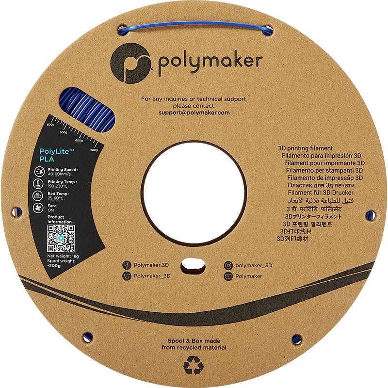 Eine runde Verpackung aus recyceltem Material von Polymaker für 3D-Drucker Filament. Markenlogo, Kontaktinfo und Produktdetails sichtbar.