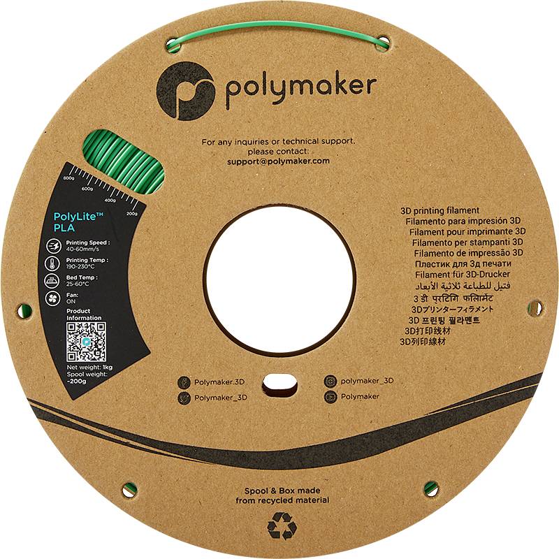 Spule aus recyceltem Material, bedruckt mit 'PolyLite PLA 3D-Filament'. Hauptfarbe grün. Kontaktinformationen enthalten.