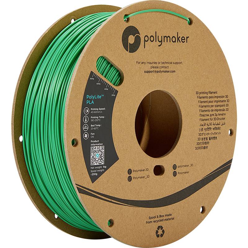 Grüne PLA-Filamentrolle von Polymaker für 3D-Druck, 1 kg Spule, Verpackung mit recyceltem Material. Enthält Herstellerinformationen.