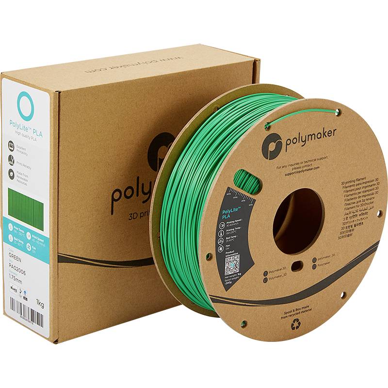 Filamentrolle aus grünem PLA für 3D-Drucker, verpackt in einem braunen Karton. Marke: Polymaker.