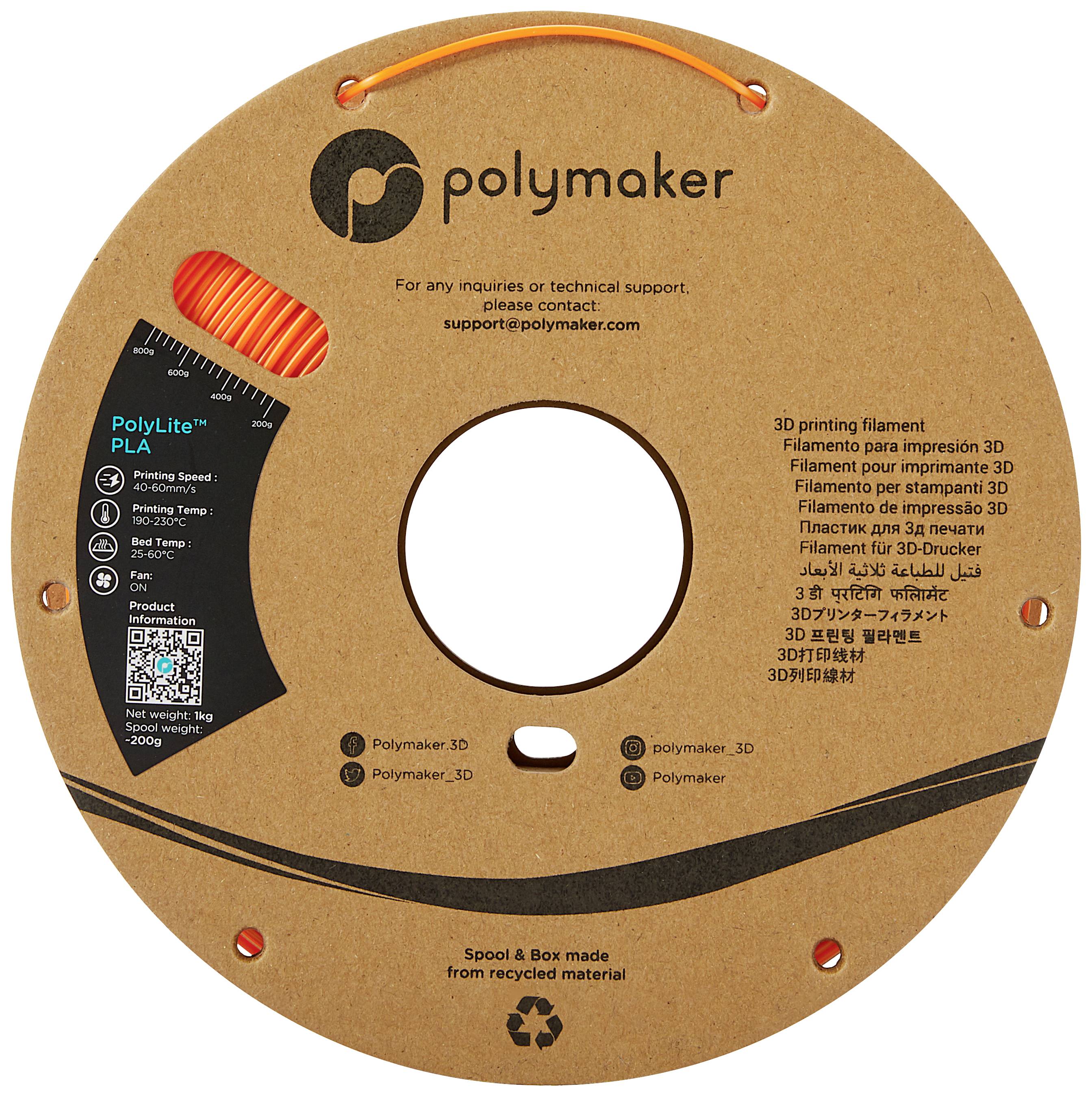 Eine Spule mit orangefarbenem 3D-Druck-Filament von Polymaker, mit Etikett und QR-Code auf der Verpackung aus recyceltem Material.