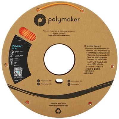 Eine Spule mit orangefarbenem 3D-Druck-Filament von Polymaker, mit Etikett und QR-Code auf der Verpackung aus recyceltem Material.