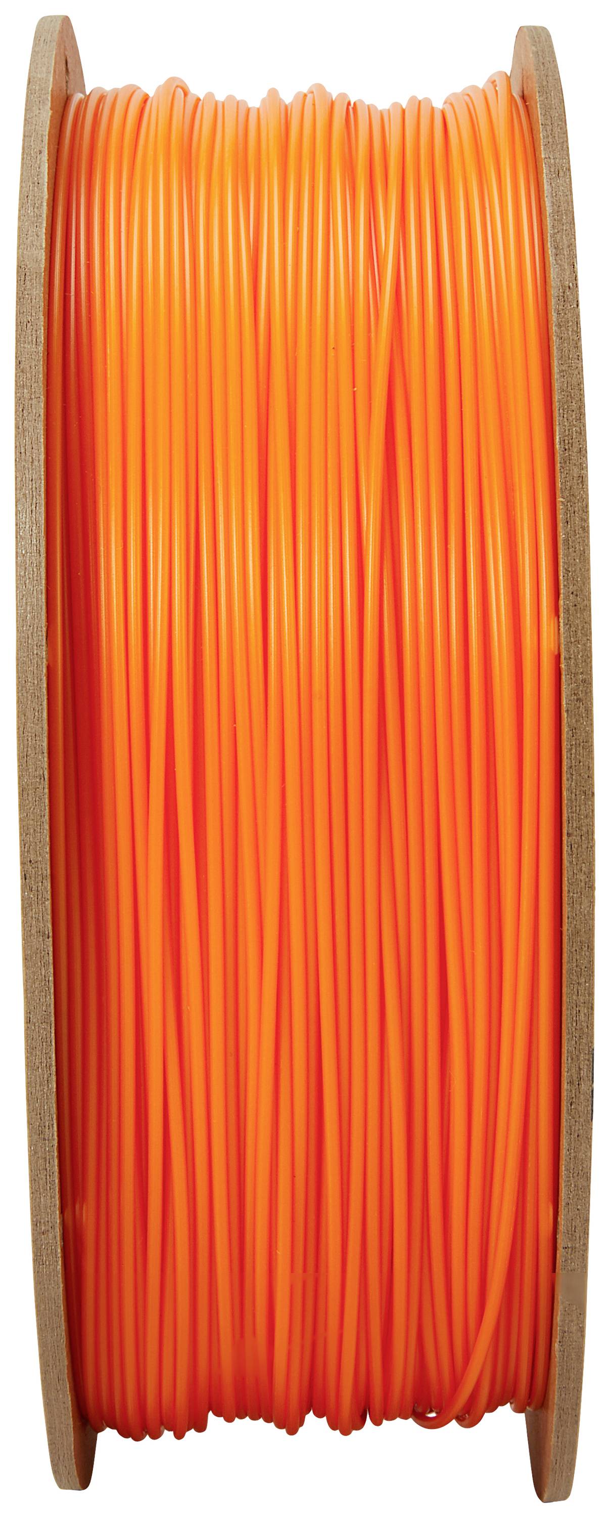 Orange Kunststofffilament auf einer Holzspule, geeignet für 3D-Drucker.