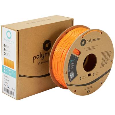 Eine Spule mit orangefarbenem 3D-Drucker-Filament der Marke Polymaker, neben der dazugehörigen Verpackung.