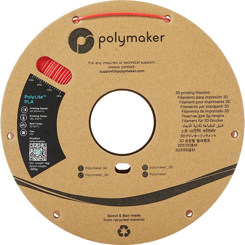 Runde Spule von Polymaker mit 3D-Druckfilament. Etikett enthält Kontaktinformationen, QR-Code und Produktdetails. Hergestellt aus recyceltem Material.