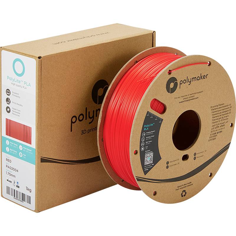 Eine Rolle rotes 3D-Druckerfilament aus PLA von Polymaker. Die Verpackung zeigt das Logo und Filamentdetails.