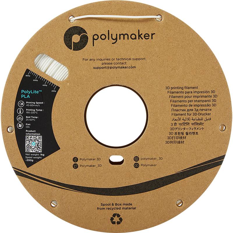 Eine Spule mit 'PolyLite PLA' Filament für 3D-Drucker von Polymaker. Sie enthält 1,75 mm Durchmesser Filament, 1 kg, 1x250 g.