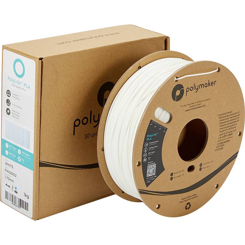 Eine Spule weißes 3D-Druckerfilament von Polymaker neben der Verpackung, geeignet für präzisen und hochwertigen Druck.