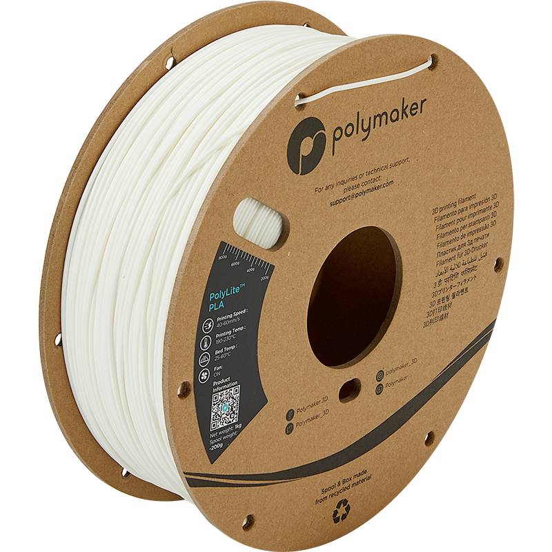 Eine Spule mit weißem PLA-3D-Drucker-Filament der Marke Polymaker. Die Verpackung ist aus Karton mit Marken- und Produktinformationen.