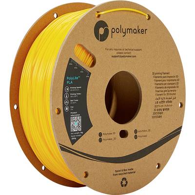 Gelbe Spule mit 3D-Drucker-Filament von Polymaker. Etikett enthält Details zu Materialtyp PLA, QR-Code und Kontaktinformation.