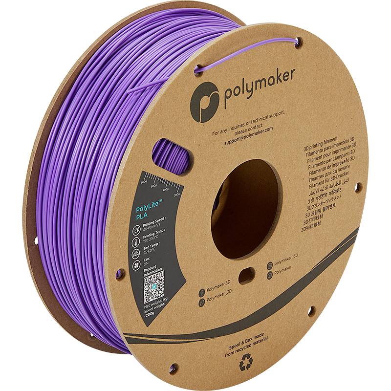 Eine Spule mit violettem 3D-Drucker-Filament von Polymaker, Produktname 'PolyLite PLA', geeignet für 3D-Druckprojekte.