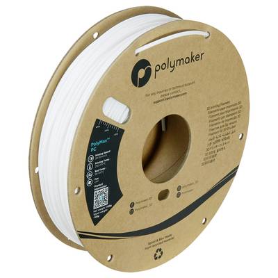 Eine Spule weißes 3D-Druckfilament mit der Bezeichnung „PolyMaker PC". Die Papierspule enthält Informationen zur Kompatibilität und Verwendung.