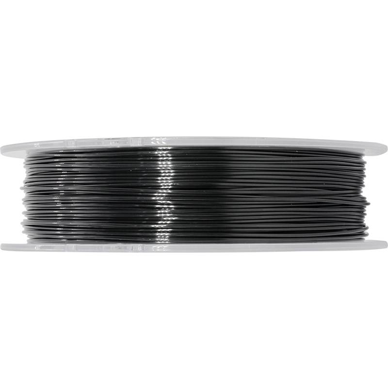 Schwarze Filamentspule, horizontal ausgerichtet, für 3D-Drucker.
