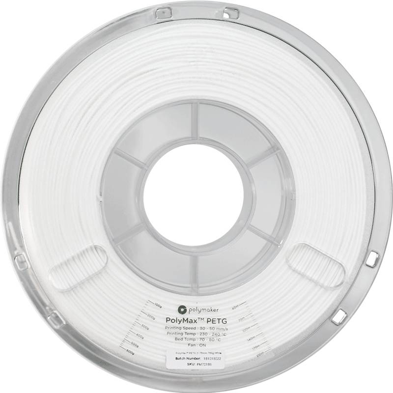 Eine Spule mit weißem 3D-Druckmaterial, beschriftet als 'PolyMax PETG' von Polymaker, geeignet für Drucktemperaturen von 230-240°C.