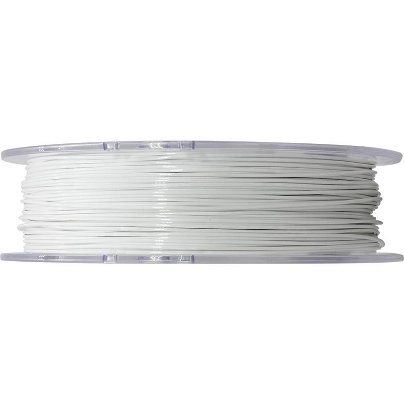 Eine Spule mit weißem Filament für 3D-Drucker, seitlich abgebildet, zeigt die kompakte Wicklung des Materials.
