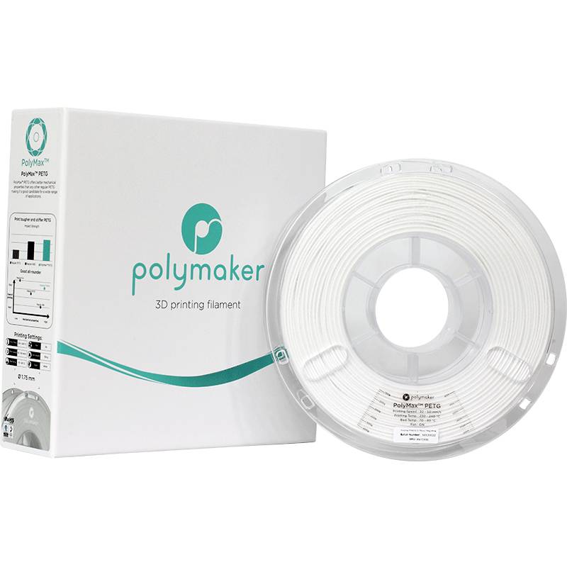 Eine Spule mit weißem 3D-Drucker-Filament neben einer Verpackung mit dem Polymaker-Logo.