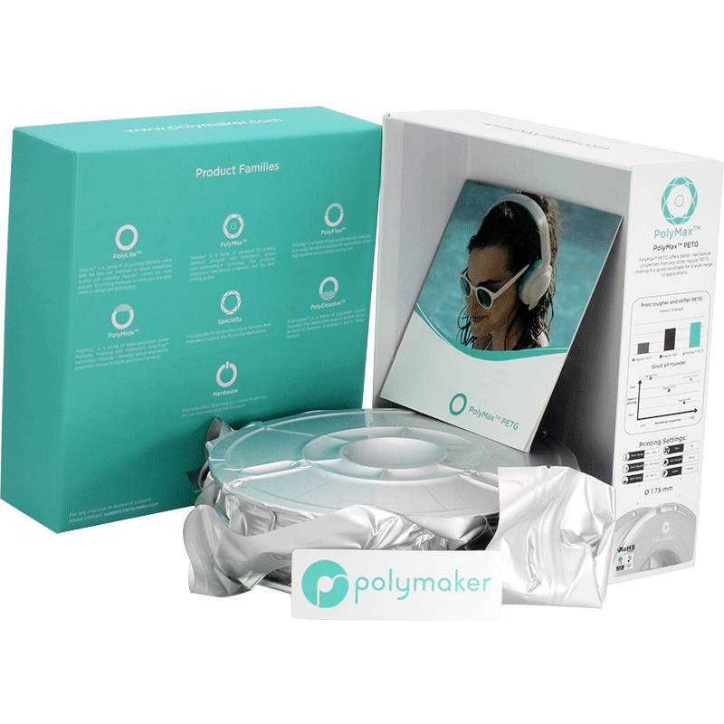 Verpackung von Polymaker 3D-Druckfilament PolyMax PETG, zeigt Spule und Etikett. Enthält technische Details und Anwendungen.