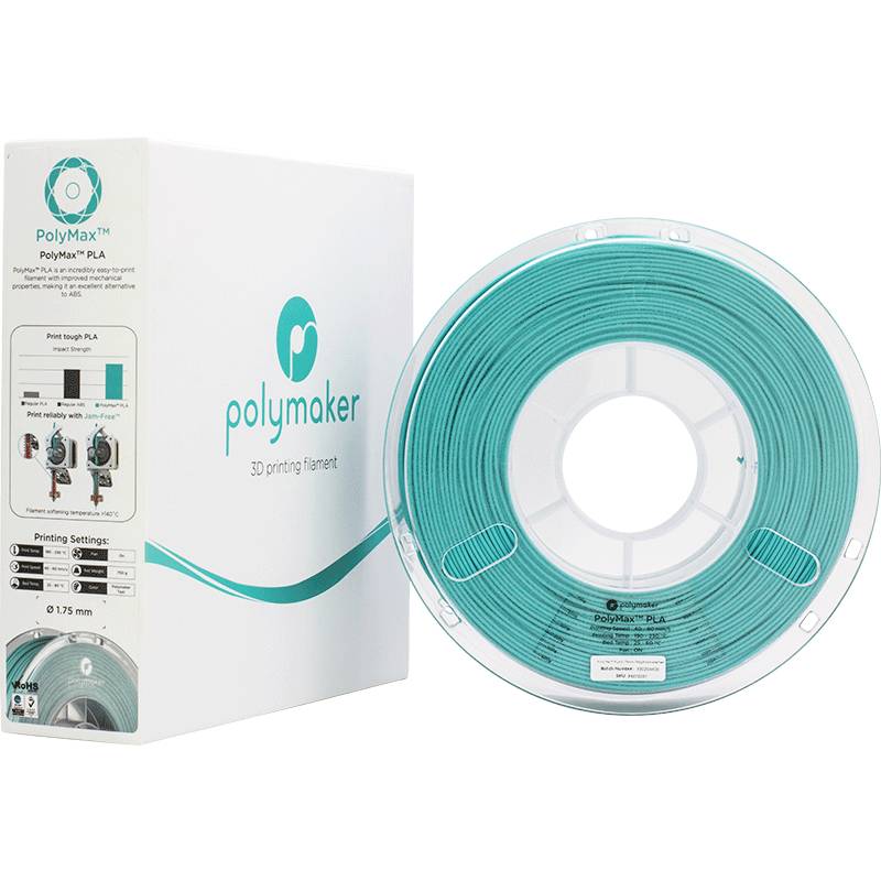 3D-Drucker-Filament von Polymaker in türkis auf Rolle, daneben Schachtel mit 'PolyMax' Beschriftung.