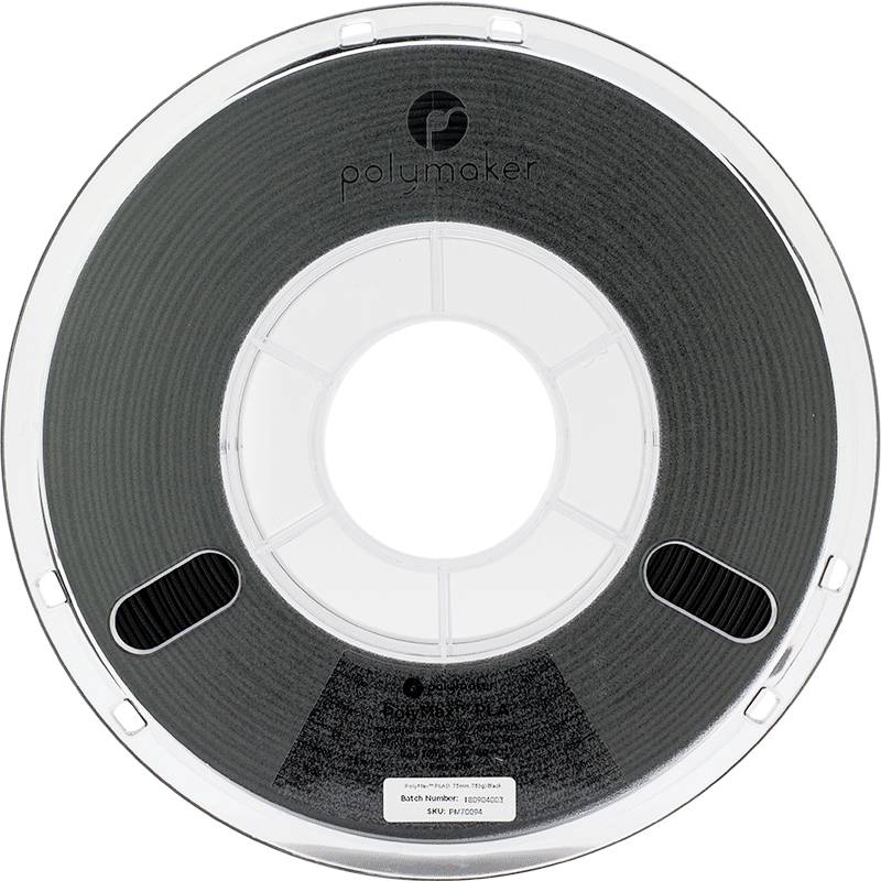 Spule mit schwarzem 3D-Drucker-Filament von Polymaker, mit Schriftzug und Teilenummer auf Etikett.