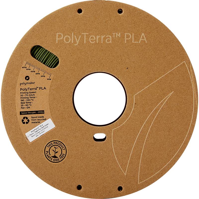 'PolyTerra PLA' Filamentspule aus Karton mit grünem Filament, recycelbar, plastikfrei. Attraktives Blatt-Design, fördert Nachhaltigkeit.