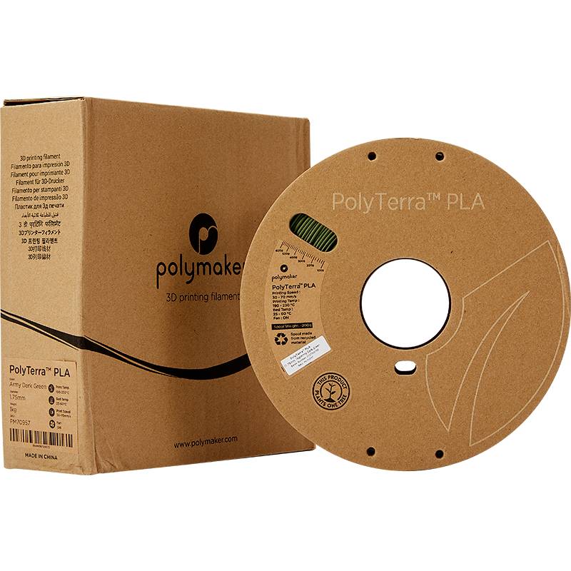 3D-Druck-Filament von Polymaker, Verpackung und Filamentspule aus Karton, Produktname 'PolyTerra PLA', umweltfreundlich.