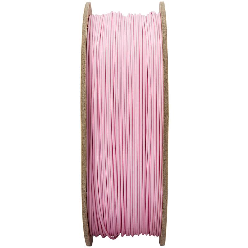 Eine Spule mit rosafarbenem Filament, geeignet für 3D-Drucker, auf einem Holzspulenkern abgebildet.