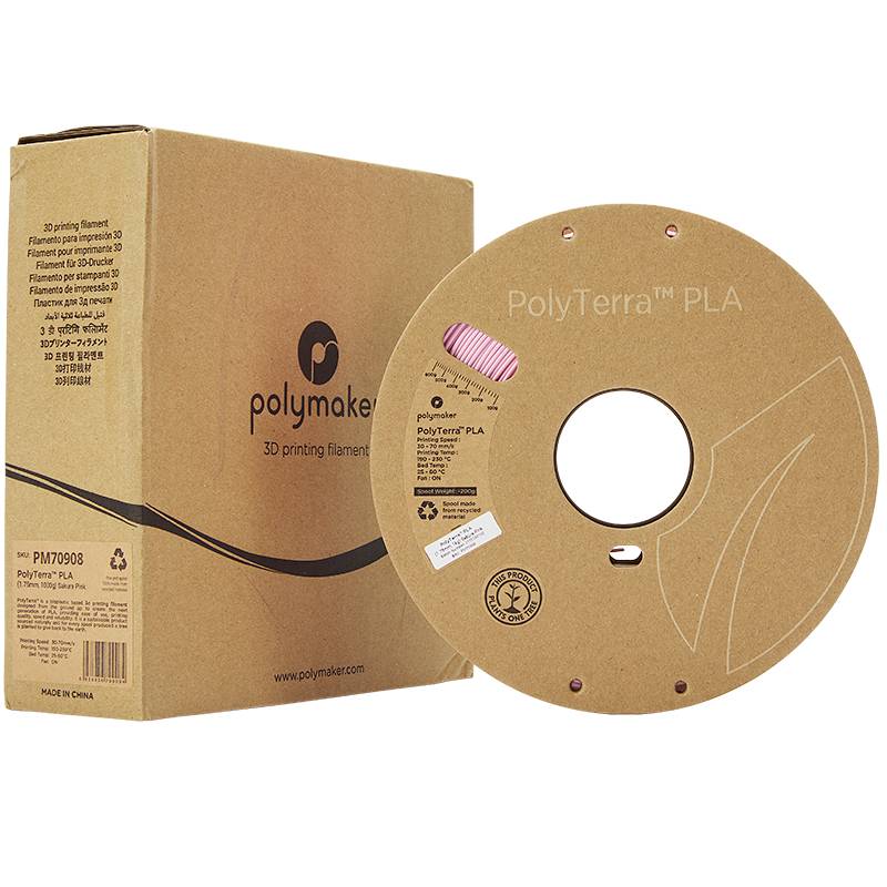 Eine Rolle PolyTerra PLA 3D-Drucker-Filament in einer braunen Verpackung. Nachhaltig hergestellt und umweltfreundlich.