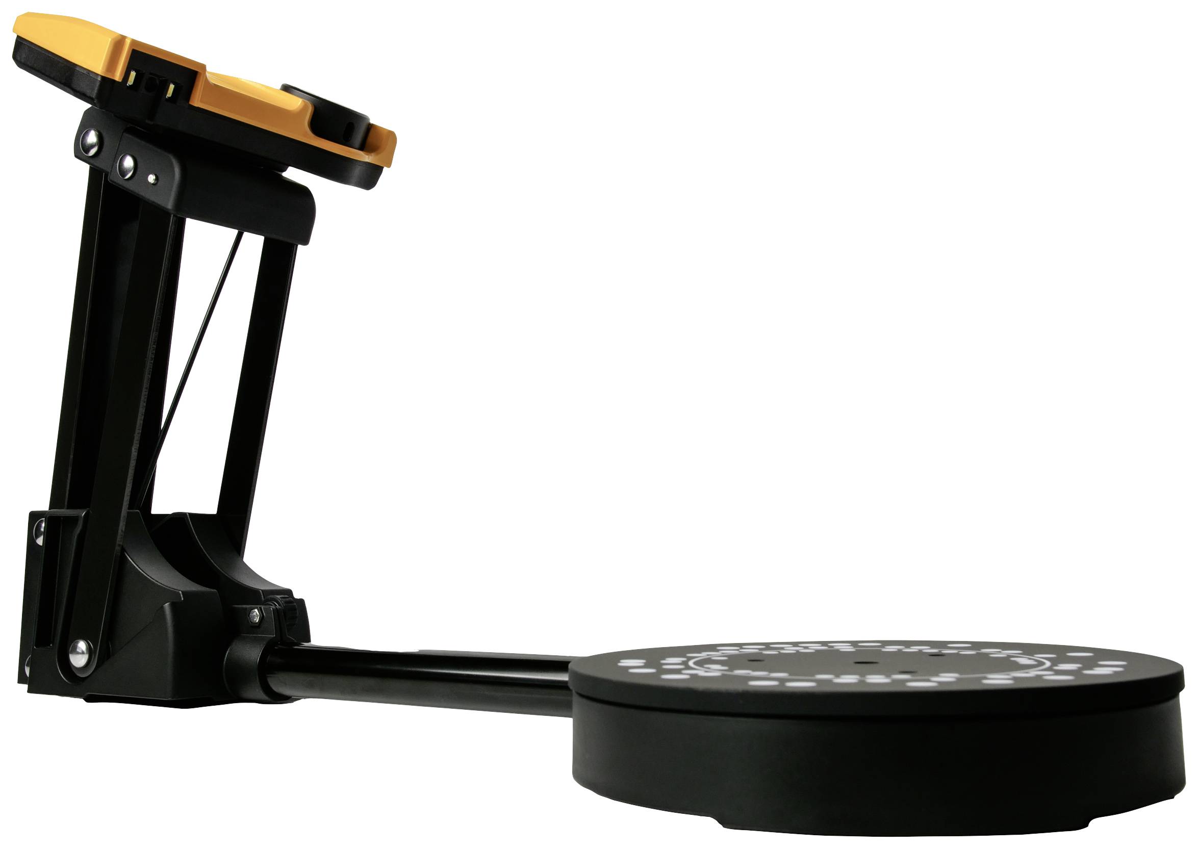 Ein schwarzer 3D-Scanner mit einem dreibeinigen Standfuß und einer runden Plattform, die mit einem rotierenden Mechanismus ausgestattet ist.