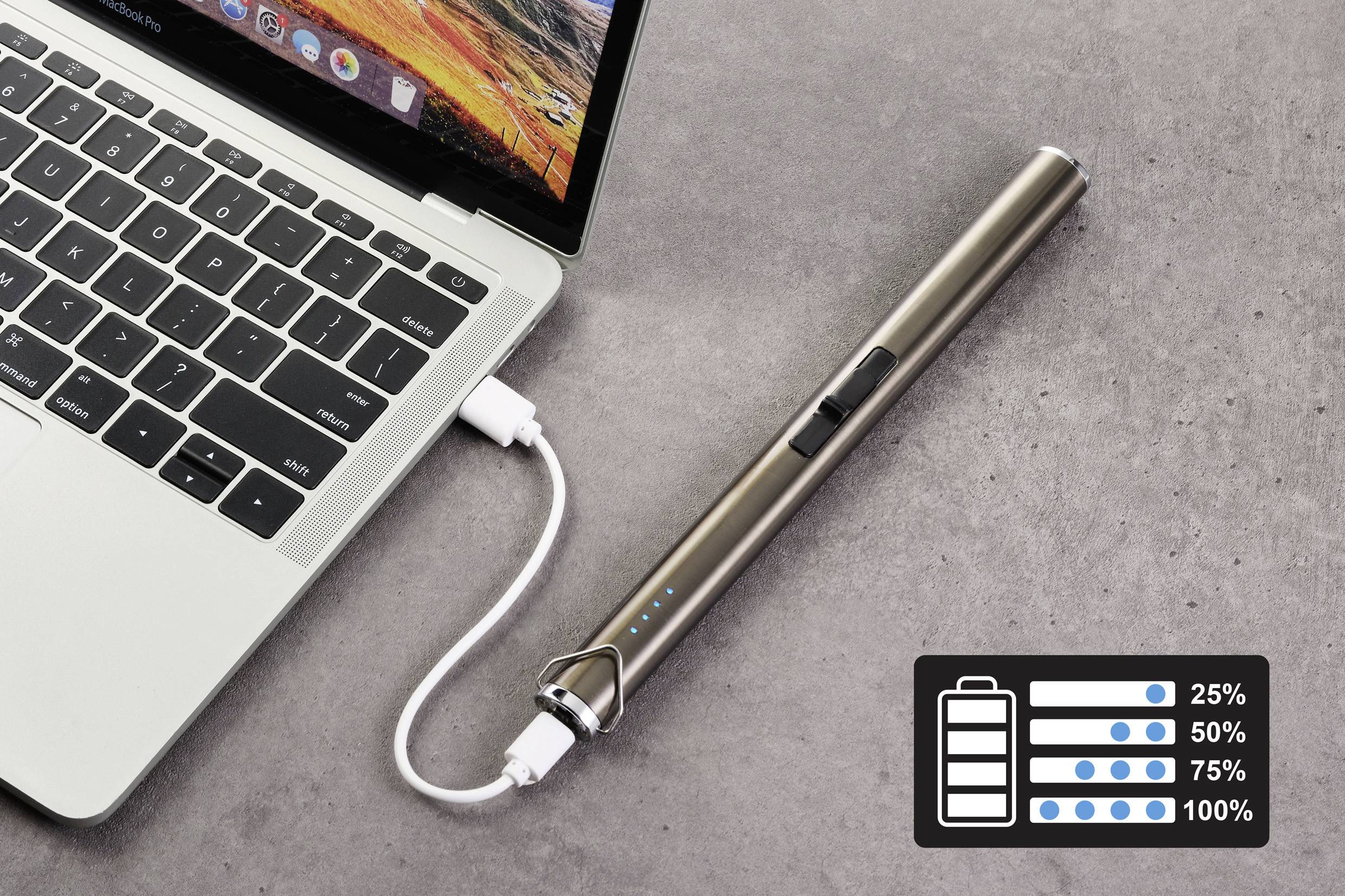 Ladegerät in Form eines Stifts lädt an einem Laptop. Daneben eine Anzeige mit einem Batteriesymbol und Ladezuständen von 25% bis 100%.
