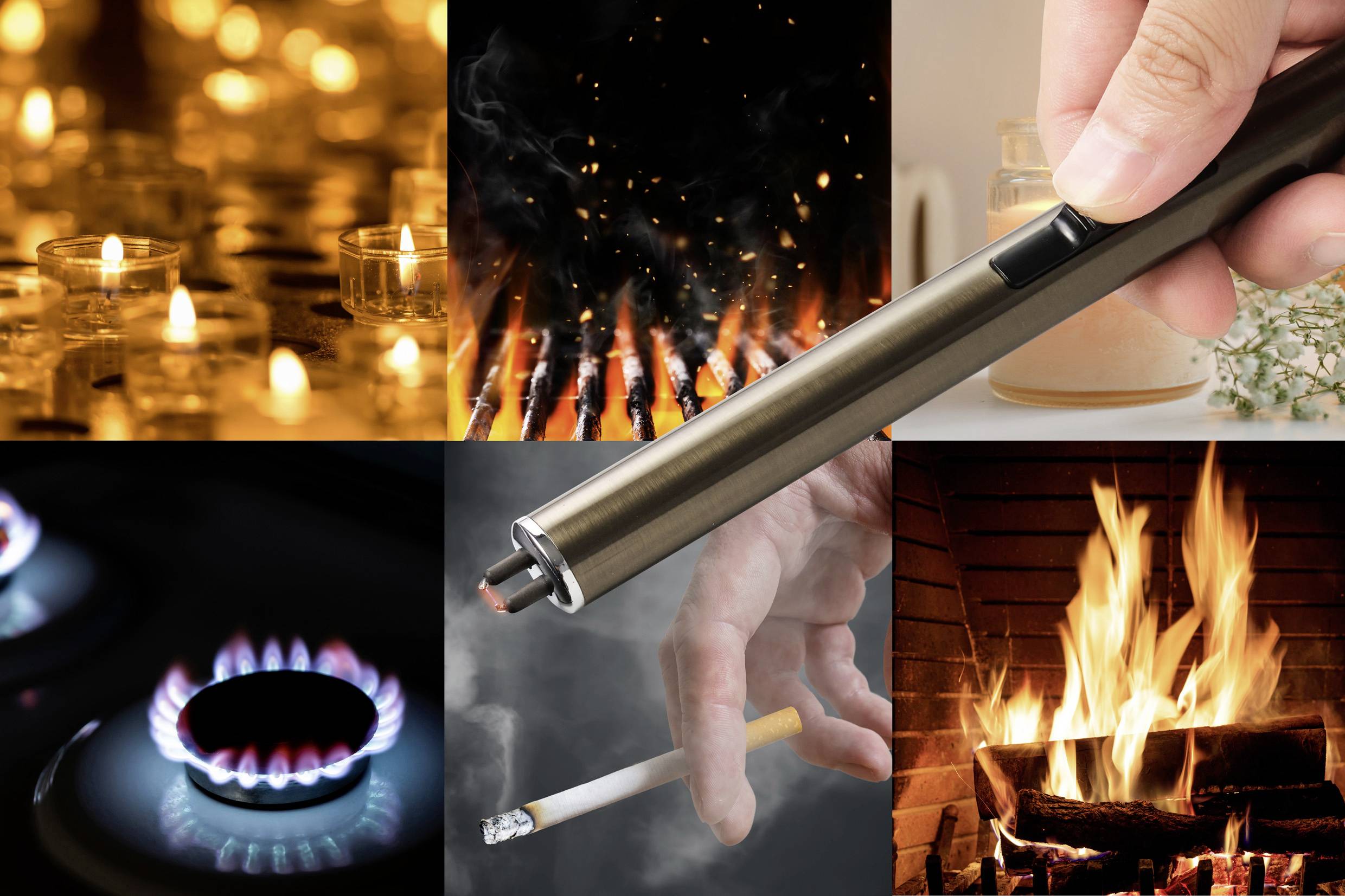 Eine Collage zeigt Kerzen, Zigaretten, ein Feuerzeug, einen Gasherd und ein Kaminfeuer. Das Thema ist Feuer und Rauchquellen.